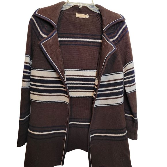 Vintage Cardigan Brown Cream Stripes Collared Acrylic Hand Loomed No Buttons - Picture 1 of 14